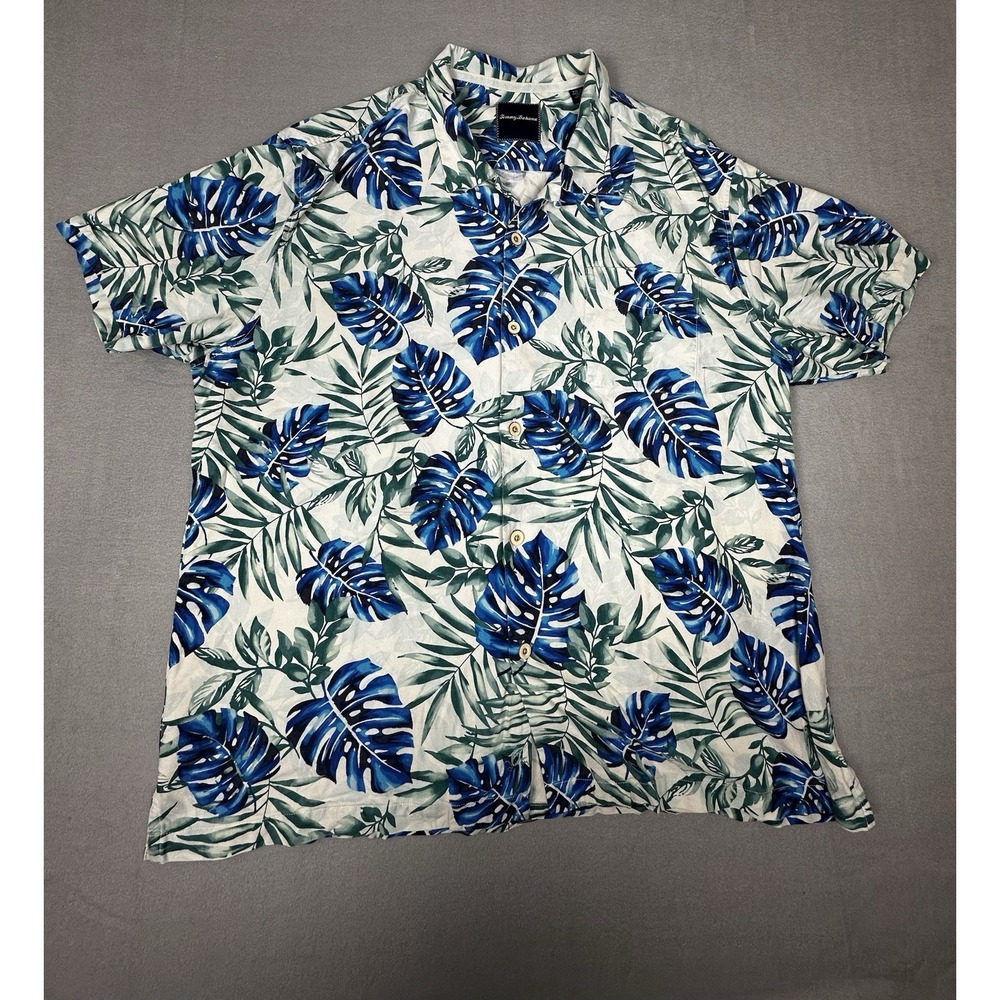 Tommy Bahama 100% Silk Hawaiian Shirt XXL Blue White Leaf Pattern Vacation
